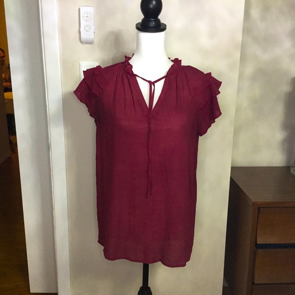 Maroon, Short Sleeve with Ruffle and tie detail Blouse - Picture 3 of 7